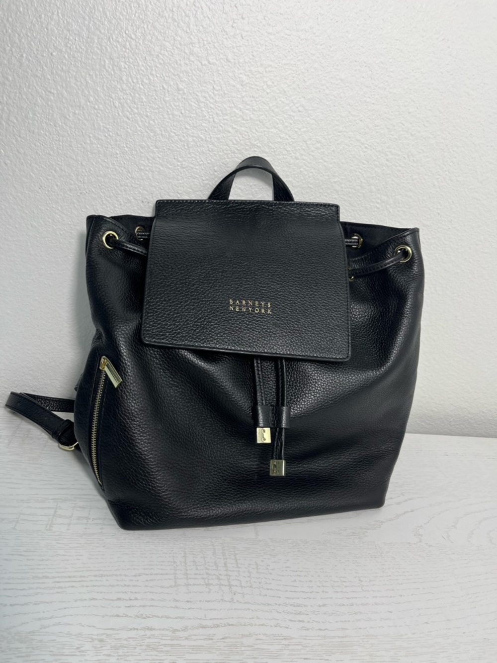 Barneys New York Black Leather Drawstring Flap Backpack Bag